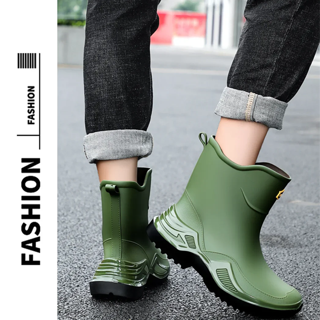 Classic Korean Black Anti-Slip Men's Rubber Boots Short Tube Sports Style Thickened Environmental Protection Water Shoes Zapatos