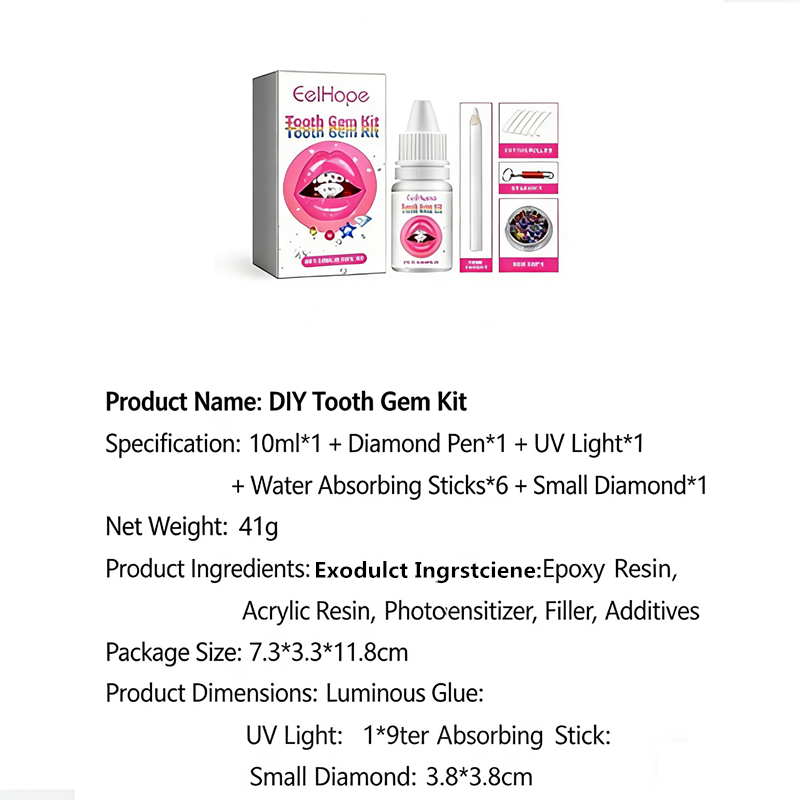 1SET  Tooth Jewelry Kit DIY Teeth Gems Set Glues Light Firm Reliable Clear Precious Stone Crystal Tooth Ornaments Jewellery B2-1053