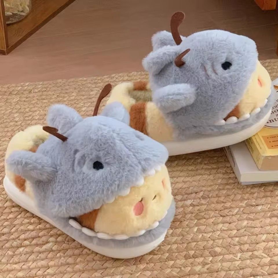 Women House Fur Slippers Casual Cute 3D-shaped Shark Bee Design Grey Winter Indoor Non-slip Warm Soft Soles Comfy Home Fluffy