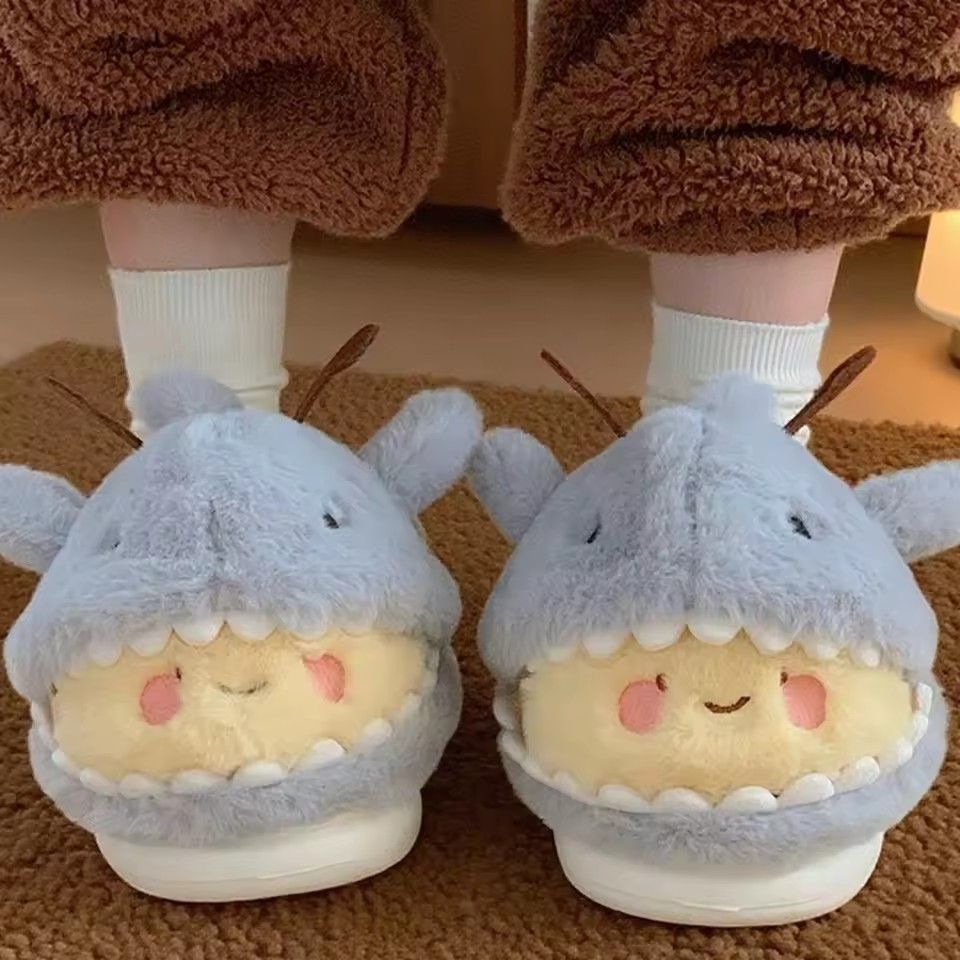 Women House Fur Slippers Casual Cute 3D-shaped Shark Bee Design Grey Winter Indoor Non-slip Warm Soft Soles Comfy Home Fluffy