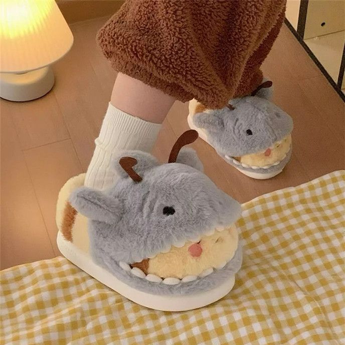 Women House Fur Slippers Casual Cute 3D-shaped Shark Bee Design Grey Winter Indoor Non-slip Warm Soft Soles Comfy Home Fluffy