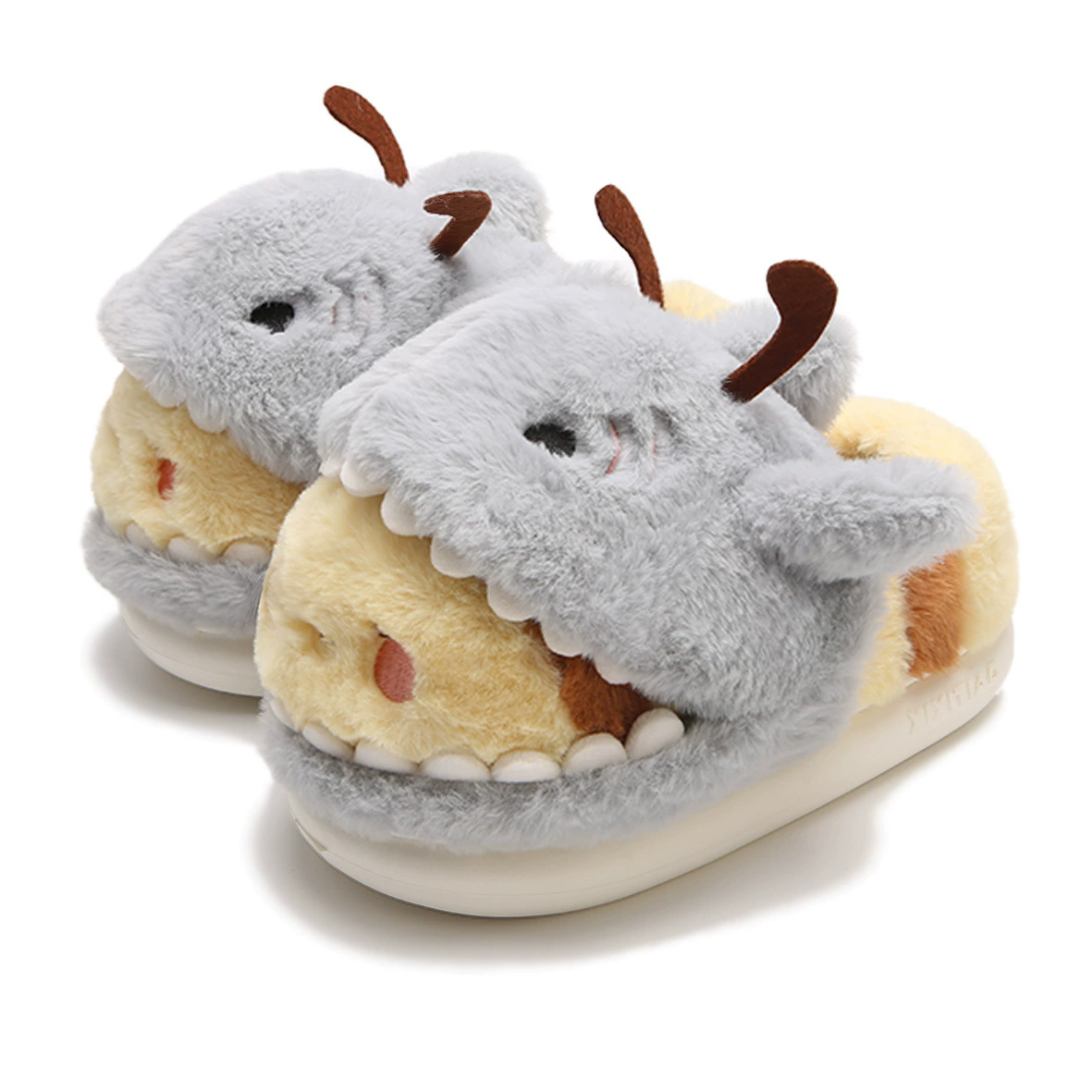 Women House Fur Slippers Casual Cute 3D-shaped Shark Bee Design Grey Winter Indoor Non-slip Warm Soft Soles Comfy Home Fluffy