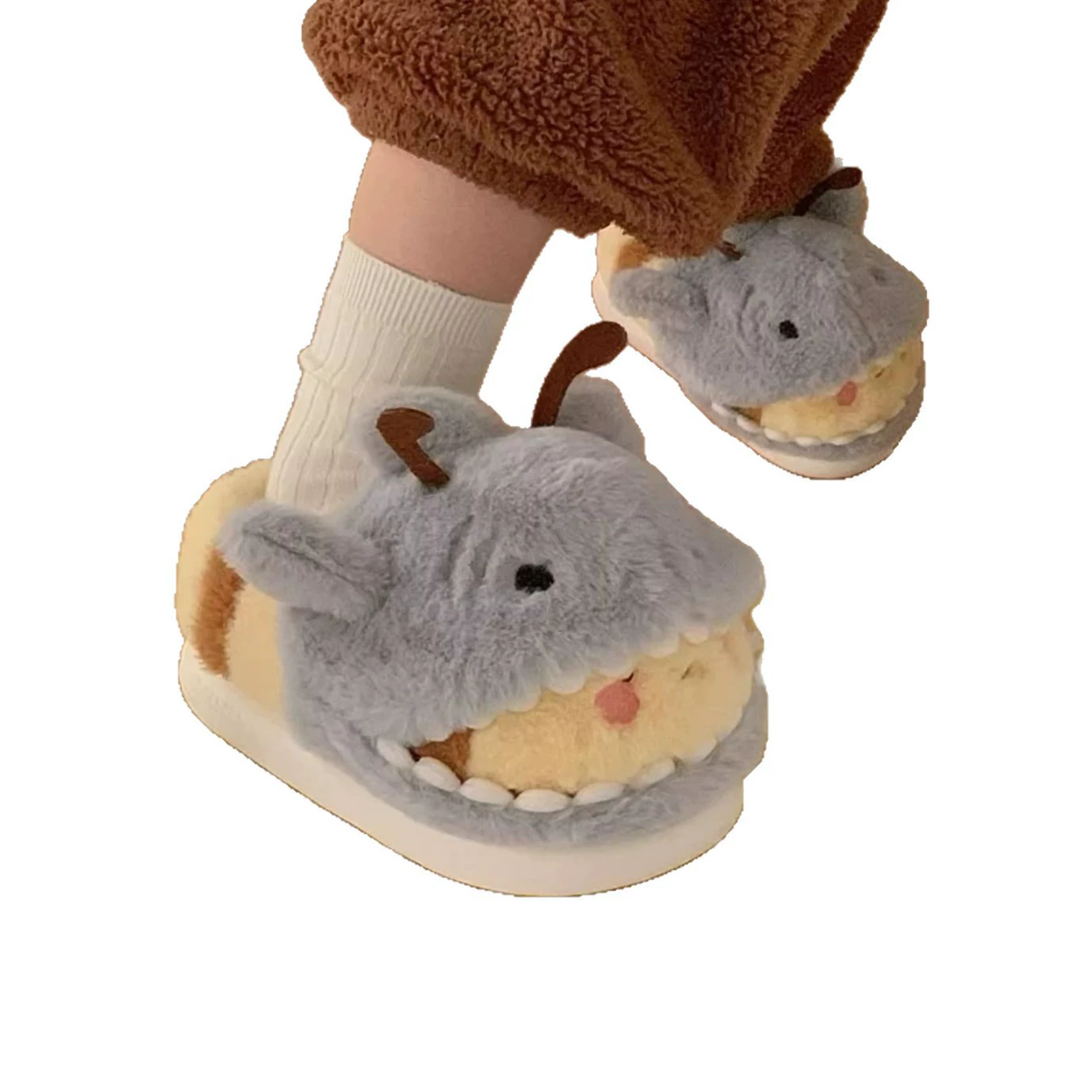 Women House Fur Slippers Casual Cute 3D-shaped Shark Bee Design Grey Winter Indoor Non-slip Warm Soft Soles Comfy Home Fluffy