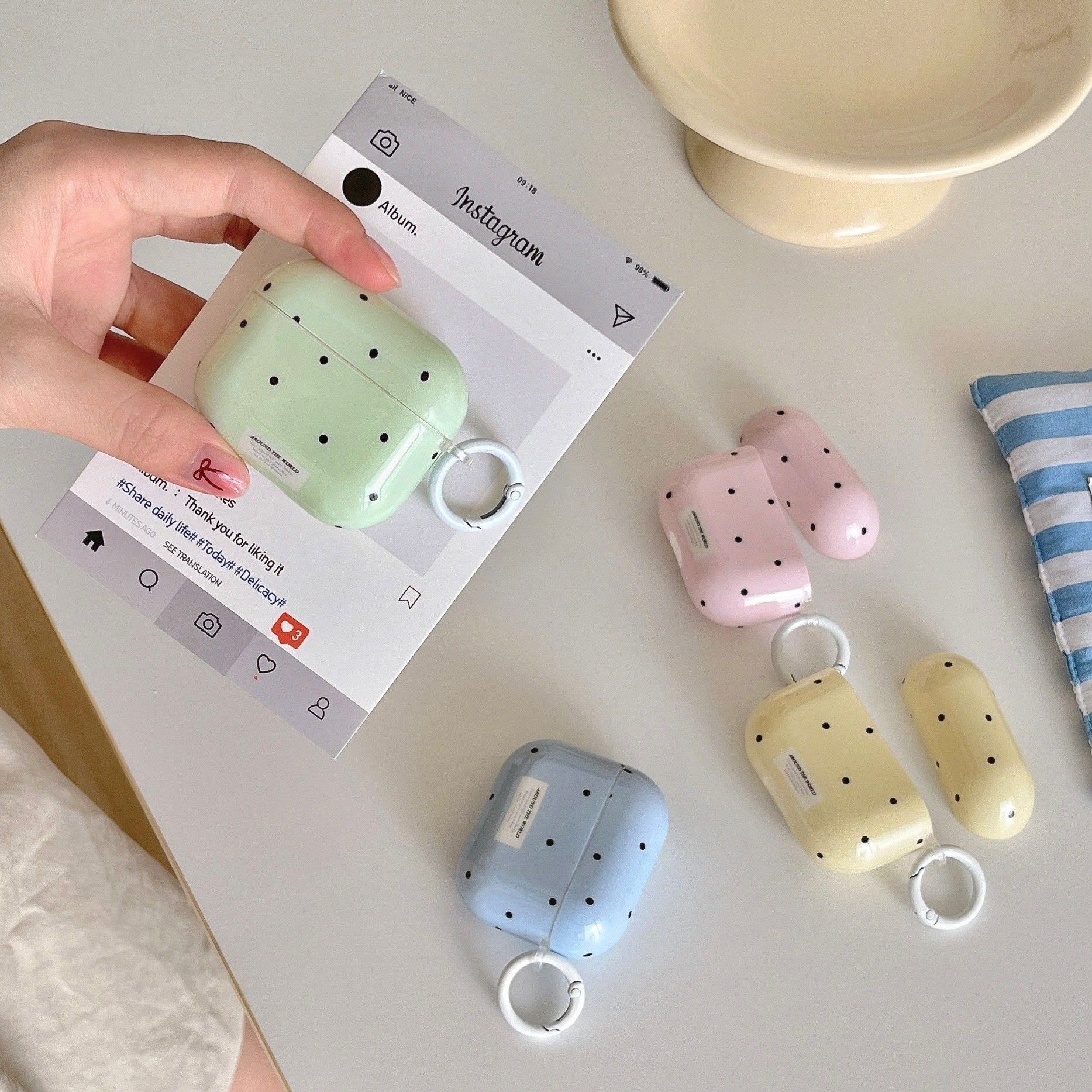 1PC   Simple Chic Pink Green Polka Dots Solid Color Protective Earphone Case Cover for AirPods 1 2 3 4 Pro 2 Pro 3
