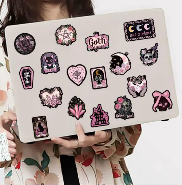 50PCS Black Pink Gothic Horror Stickers Halloween Magic Witch Cartoon Decals for Kids Notebook Laptop Fridge Waterproof Sticker C-684