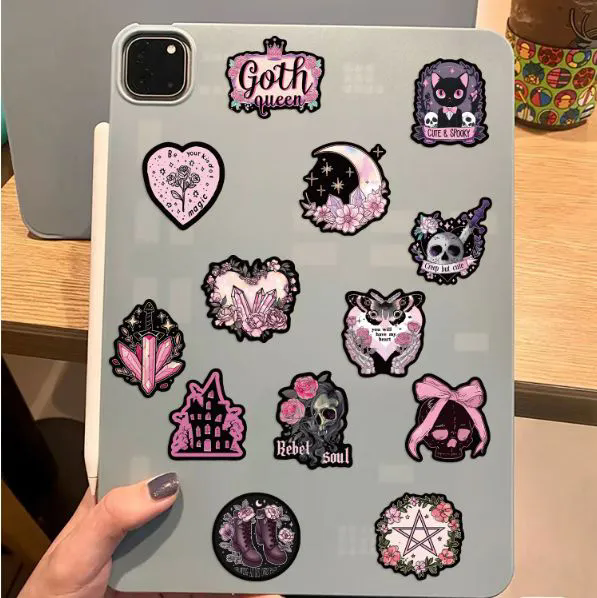 50PCS Black Pink Gothic Horror Stickers Halloween Magic Witch Cartoon Decals for Kids Notebook Laptop Fridge Waterproof Sticker C-684