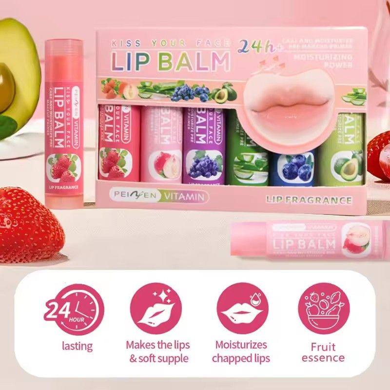 6PCS   Multi Fruit Flavors Moisturizing Hydrating Base Lip Balm Set Makeup Lip Care Daily Care Balm for Women and Men 6Pcs Set