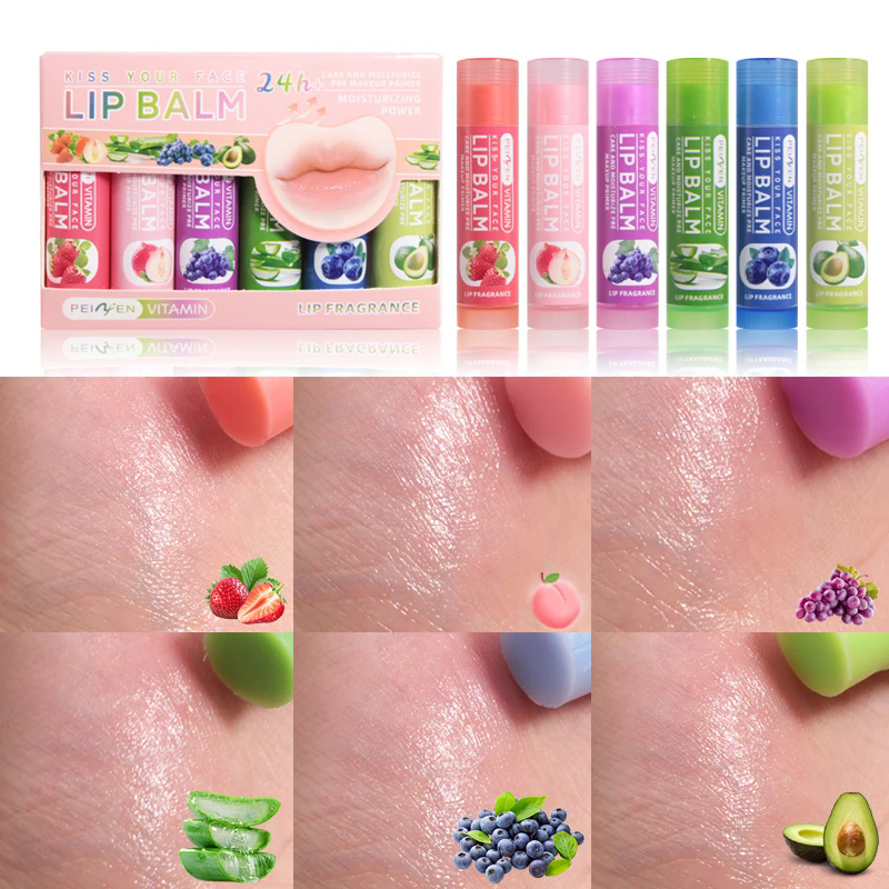 6PCS   Multi Fruit Flavors Moisturizing Hydrating Base Lip Balm Set Makeup Lip Care Daily Care Balm for Women and Men 6Pcs Set