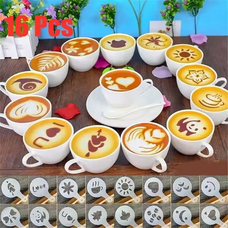 16PCS Coffee Stencils Fancy Coffee Printing Model Milk Cake Stencils Cappuccino Mold Cake Drawing Mould Home Kitchen Supplies
