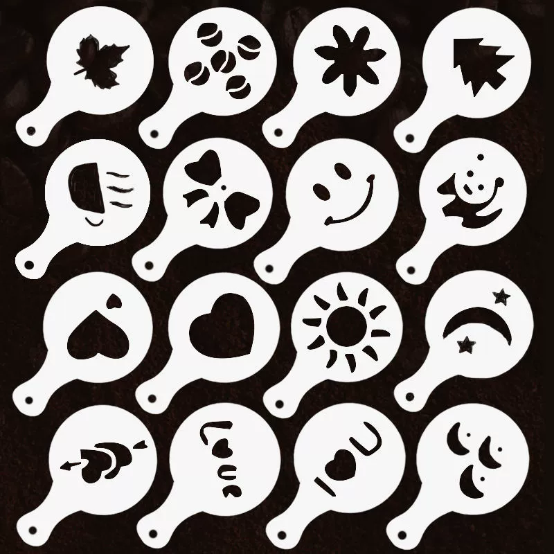 16PCS Coffee Stencils Fancy Coffee Printing Model Milk Cake Stencils Cappuccino Mold Cake Drawing Mould Home Kitchen Supplies