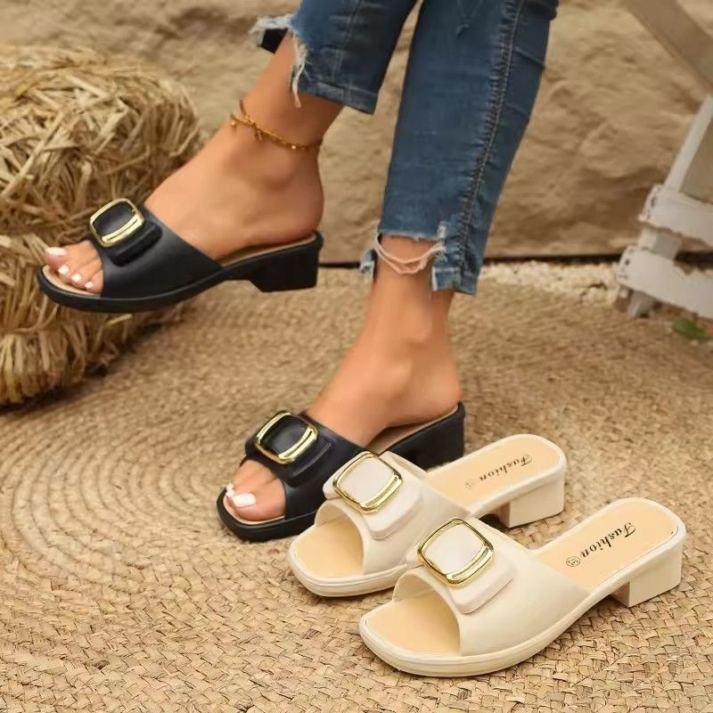 High Heels Women's Slippers Summer Fashion Bow Women's Thick Sole Flip Flops Fish Mouth Shoes Metal Buckle Beach Anti-slip Shoes