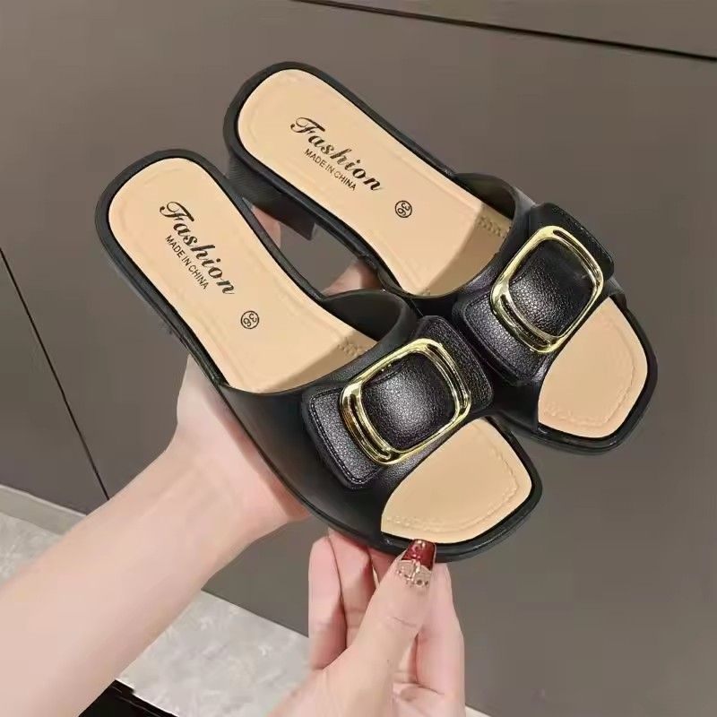 High Heels Women's Slippers Summer Fashion Bow Women's Thick Sole Flip Flops Fish Mouth Shoes Metal Buckle Beach Anti-slip Shoes