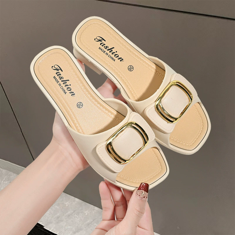High Heels Women's Slippers Summer Fashion Bow Women's Thick Sole Flip Flops Fish Mouth Shoes Metal Buckle Beach Anti-slip Shoes
