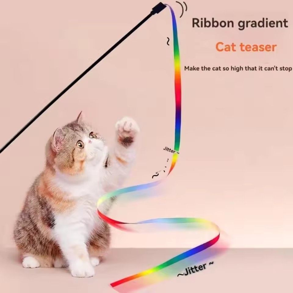 Interactive Cat Teaser Wand With Rainbow Strips Funny Rainbow Strip Stick For Kitten Play Durable Cat Supplies Accessories