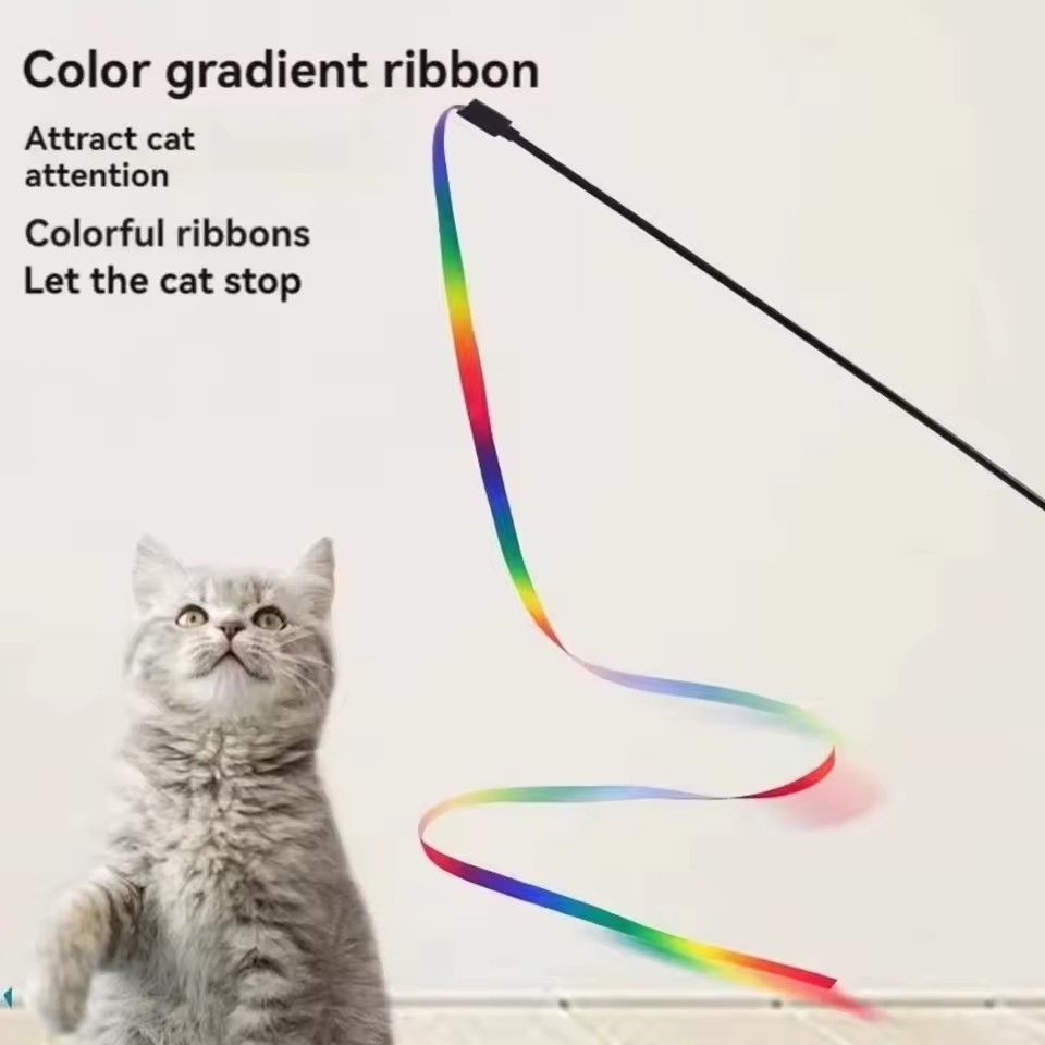 Interactive Cat Teaser Wand With Rainbow Strips Funny Rainbow Strip Stick For Kitten Play Durable Cat Supplies Accessories