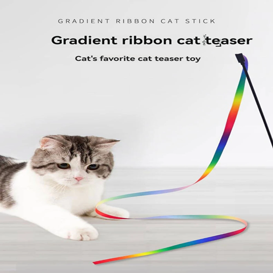 Interactive Cat Teaser Wand With Rainbow Strips Funny Rainbow Strip Stick For Kitten Play Durable Cat Supplies Accessories