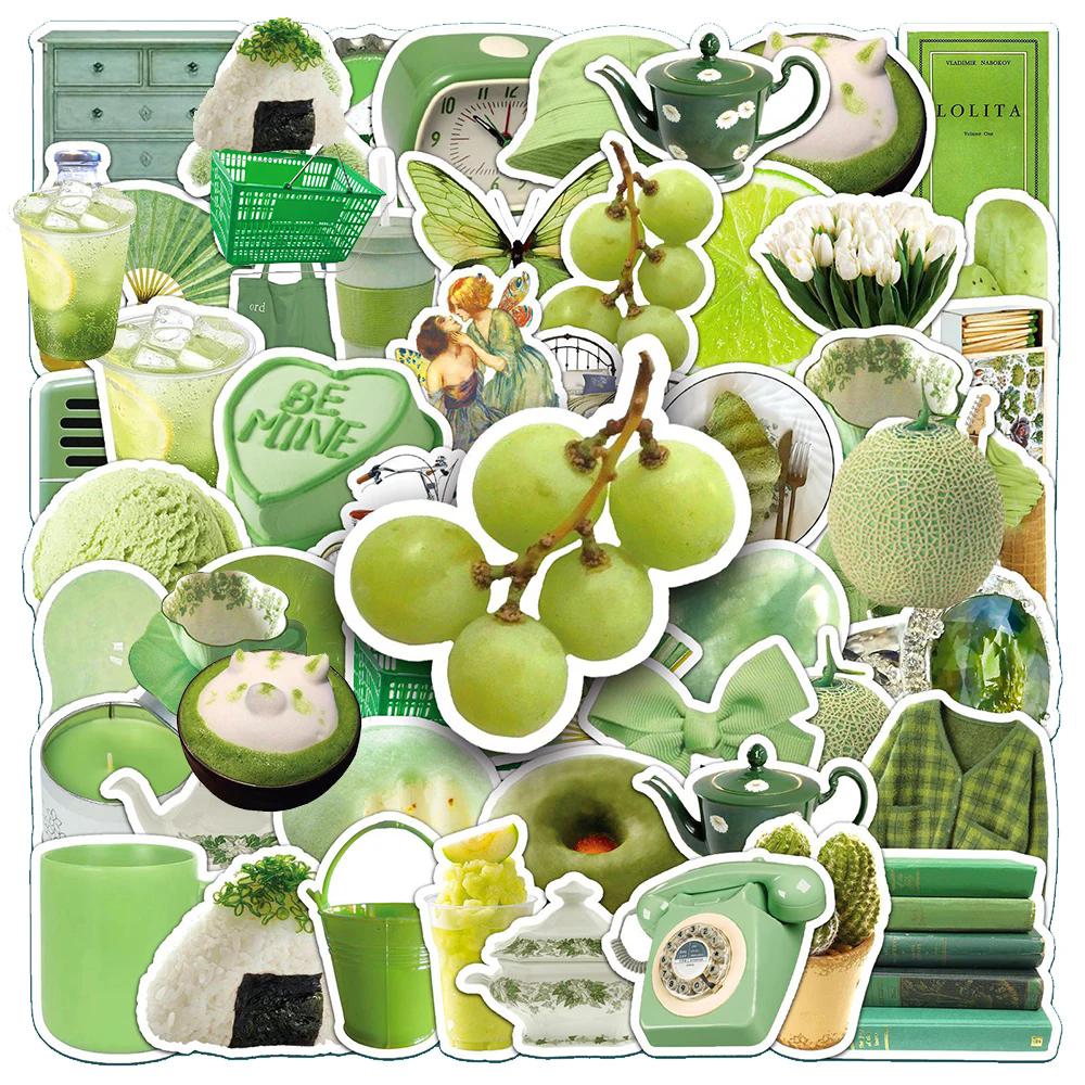 50PCS   Cute Ins Style Green Cartoon Stickers Aesthetic Toy Decal Laptop Suitcase Scrapbook Phone Wall Decoration Sticker