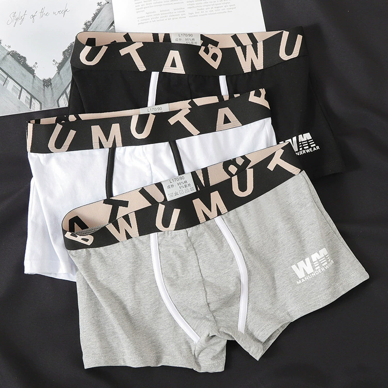 3PC Men's Boxy Underwear Male Cotton Breathable Comfortable Sweat Absorption Boxer Shorts Youth Mid-rise U Convex Pouch Sports Trunk