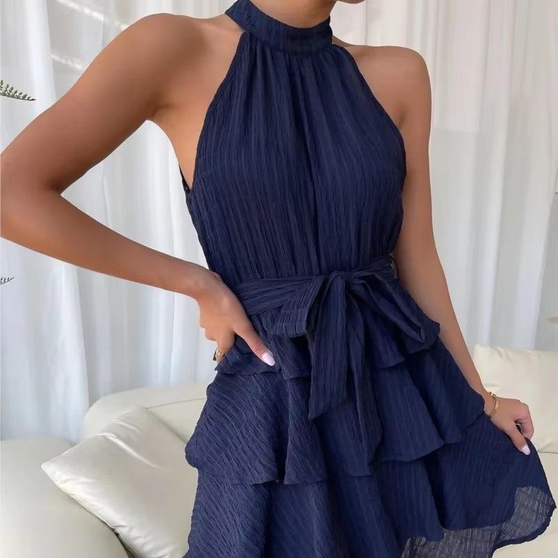 Women's Red Mini Dress Vestidos 2026 Summer Fashion Sexy Style Halter Sleeveless Ruffle Edge Tied Woman Dresses Women Sundress