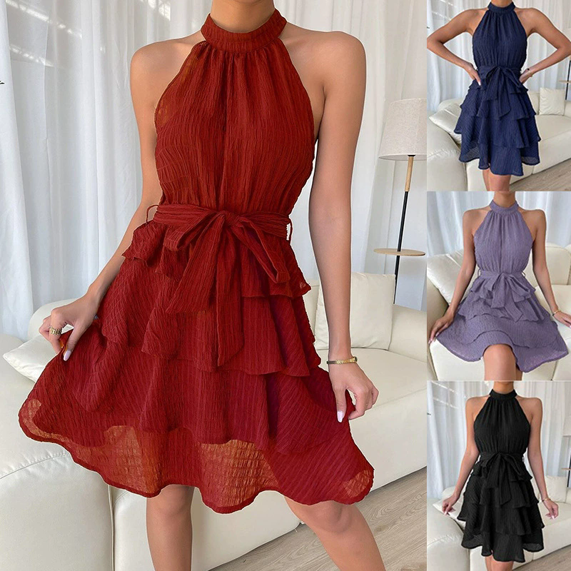 Women's Red Mini Dress Vestidos 2026 Summer Fashion Sexy Style Halter Sleeveless Ruffle Edge Tied Woman Dresses Women Sundress