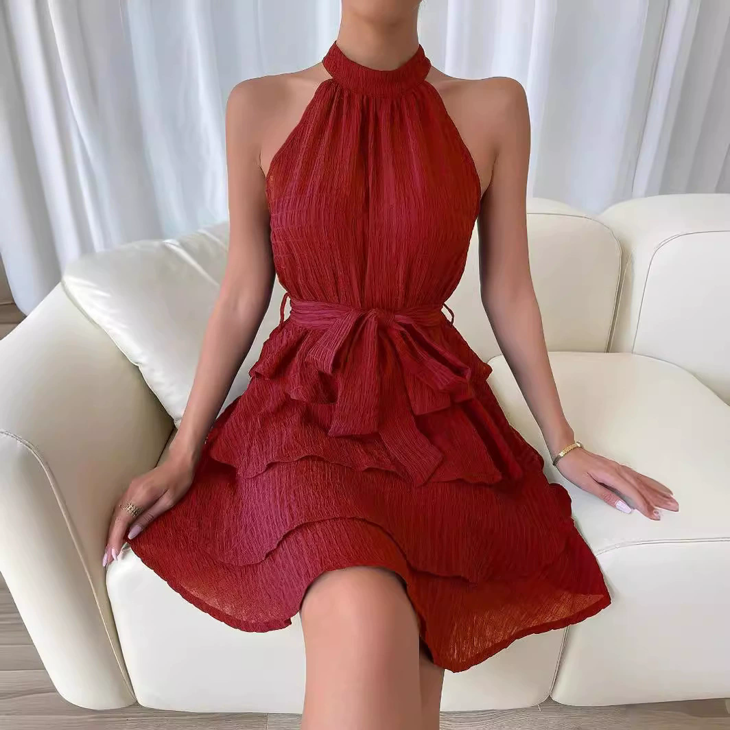 Women's Red Mini Dress Vestidos 2026 Summer Fashion Sexy Style Halter Sleeveless Ruffle Edge Tied Woman Dresses Women Sundress