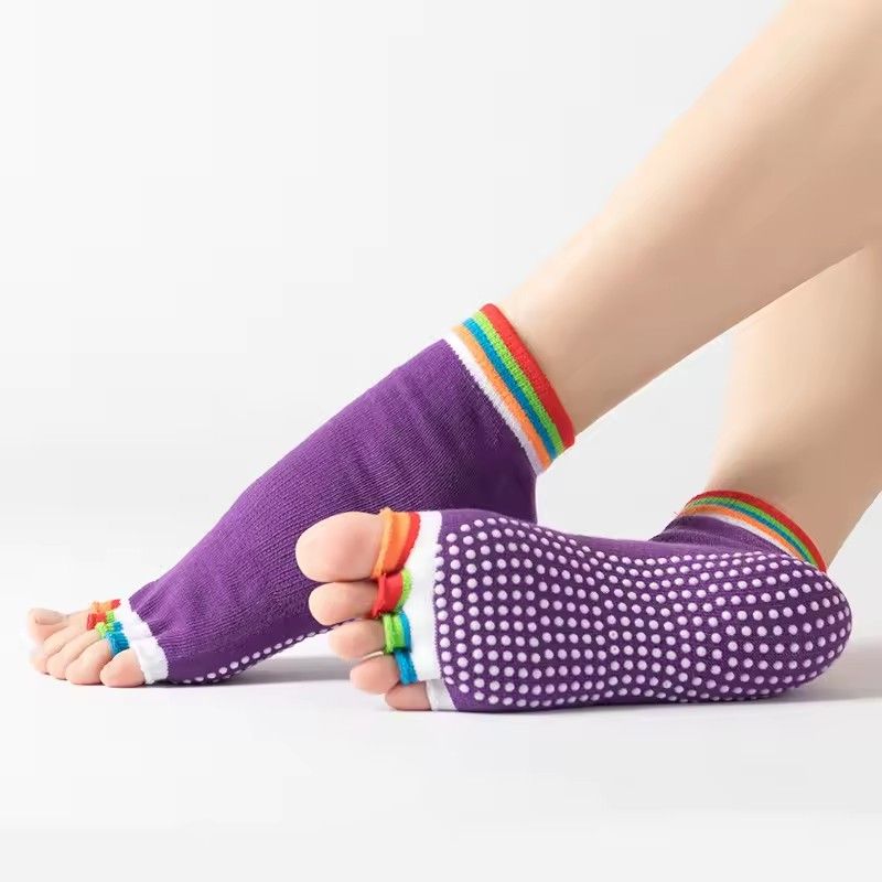 Fashion Cotton Women Yoga Socks Short Non-Slip Grips Pilates Socks Ballet Dance Open Finger Split Toe Tube Socks Ladies