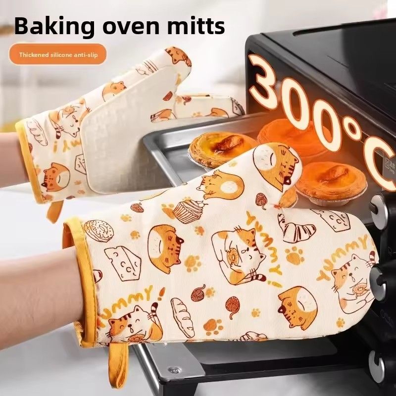 Thickened Cotton Linen Heat Resistant Gloves for Steaming Oven Microwave Kitchen Home Commercial Use Anti-Slip Long Gloves
