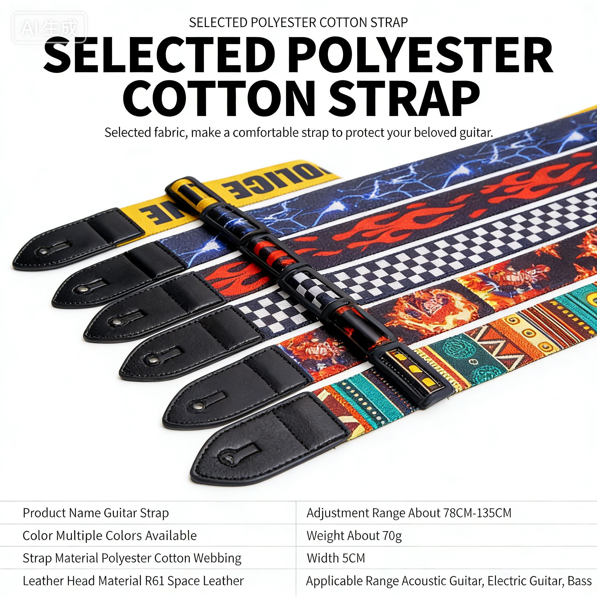 Guitar Strap Folk Guitar Classical Guitar Electric Guitar Bass Universal Strap Leather Head Long Durable Strap With Pattern
