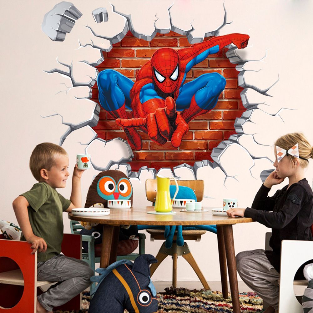Hot 3D Famous cartoon movie spiderman wall stickers for kids rooms boys gifts through wall decals home decor mural 45*50cm