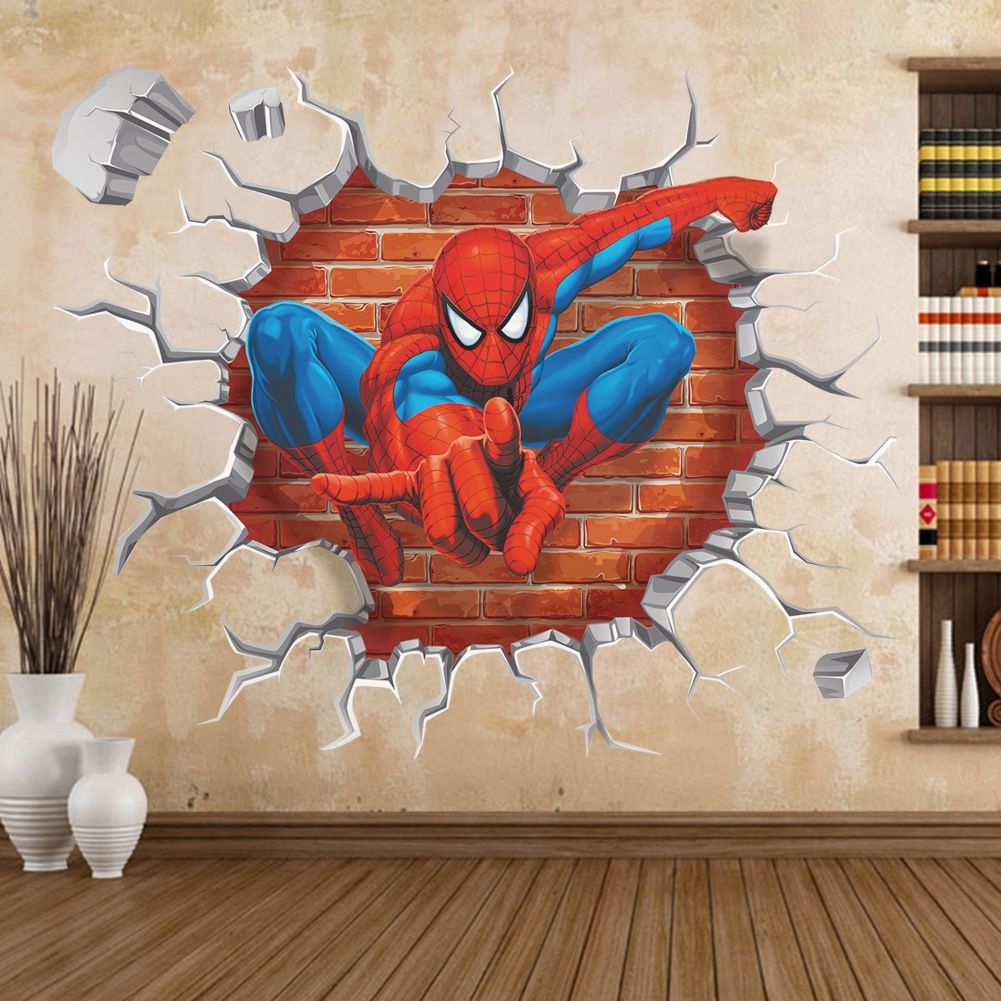 Hot 3D Famous cartoon movie spiderman wall stickers for kids rooms boys gifts through wall decals home decor mural 45*50cm
