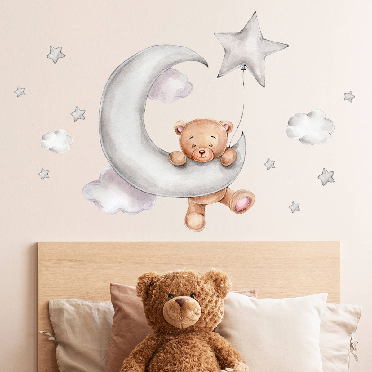 Cartoon Teddy Bear Sleeping on the Moon and Stars Wall Stickers for Kids Room Baby Room Decoration Wall Decals Room Interior &