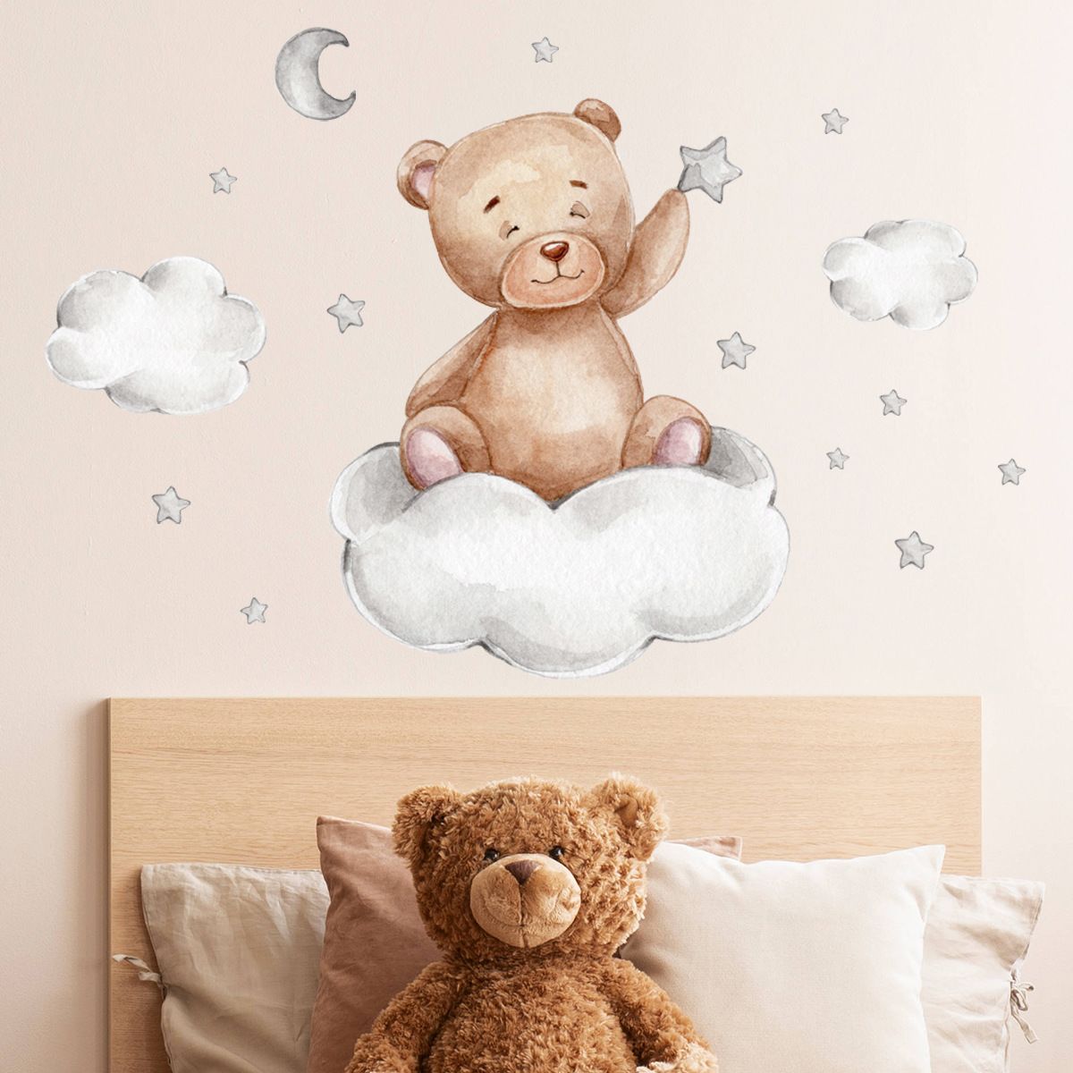 Cartoon Teddy Bear Sleeping on the Moon and Stars Wall Stickers for Kids Room Baby Room Decoration Wall Decals Room Interior &