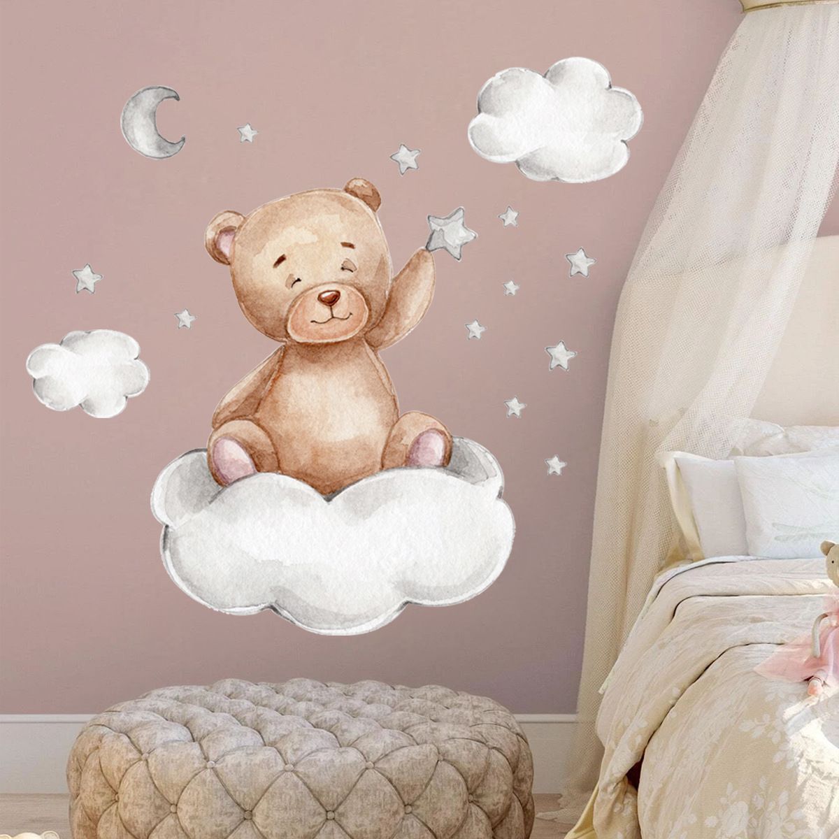 Cartoon Teddy Bear Sleeping on the Moon and Stars Wall Stickers for Kids Room Baby Room Decoration Wall Decals Room Interior &