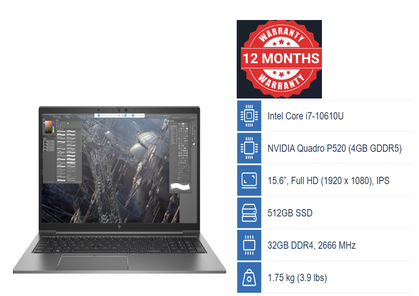 HP ZBook Firefly 15 G7 Intel Core i7-10610U NVIDIA Quadro P520 (4GB GDDR5) 15.6”, Full HD (1920 x 1080), IPS 512GB SSD 32GB DDR4, 2666 MHz 1.75 kg (3.9 lbs)