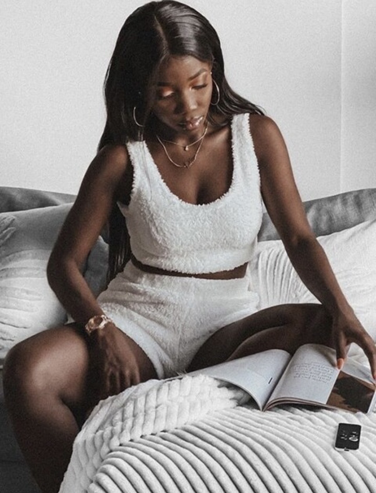 White Pyjama set Sexy Fuzzy Warm Sherpa Fleece 2 Piece Outfit Fleece Spaghetti Strap Crop Top and Shorts pajama set