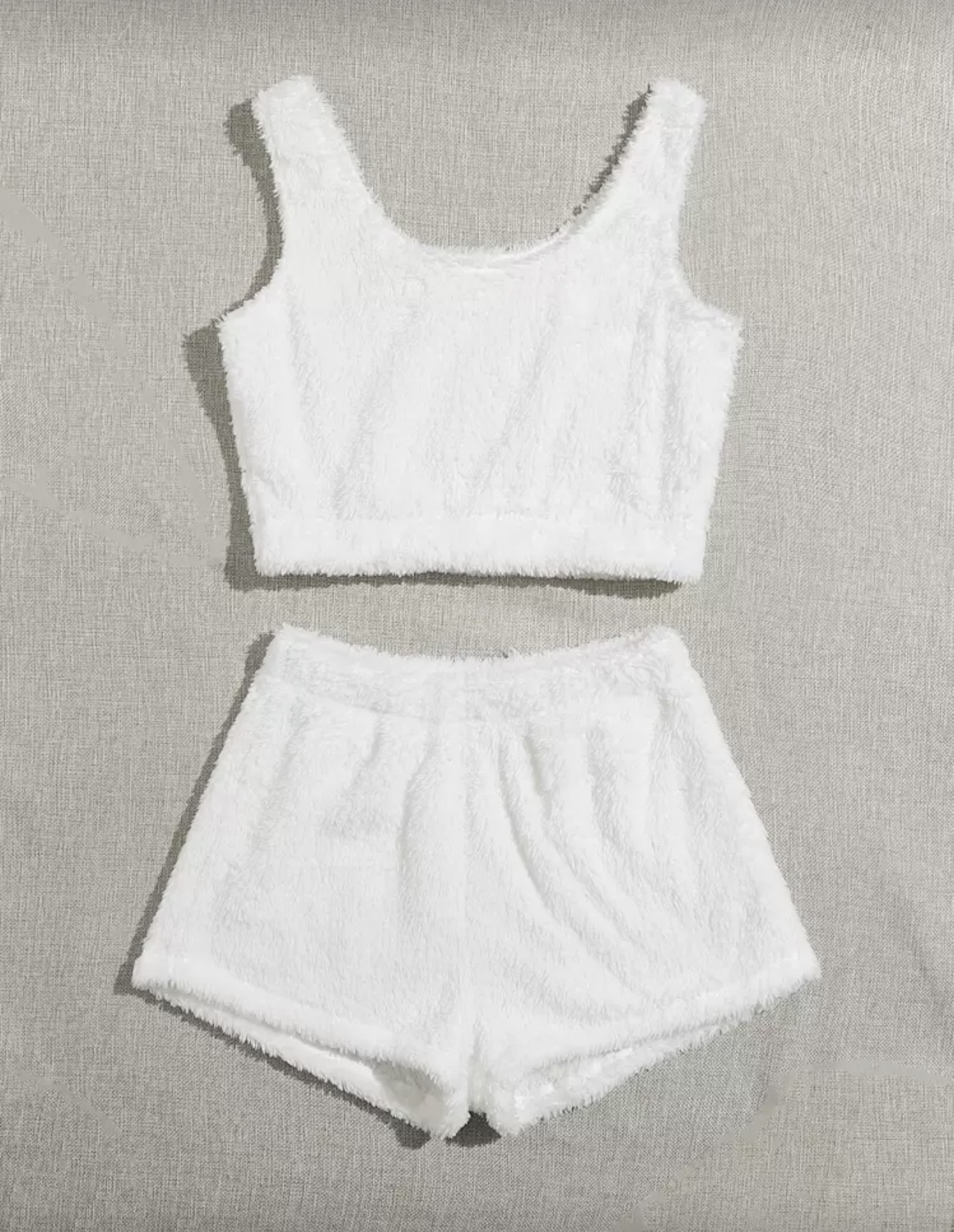 White Pyjama set Sexy Fuzzy Warm Sherpa Fleece 2 Piece Outfit Fleece Spaghetti Strap Crop Top and Shorts pajama set