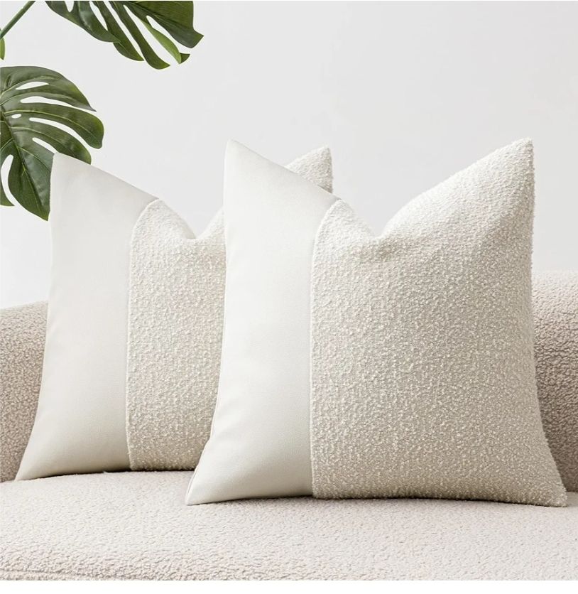 Set of 2 Fluffy Boucle Pillow Covers 18"x18", Demin Blue Textured Throw Pillow Covers with Faux Leather Accents, Boho Decorative Pillow Cases for Couch, Bed, or Farmhouse Home Decor
