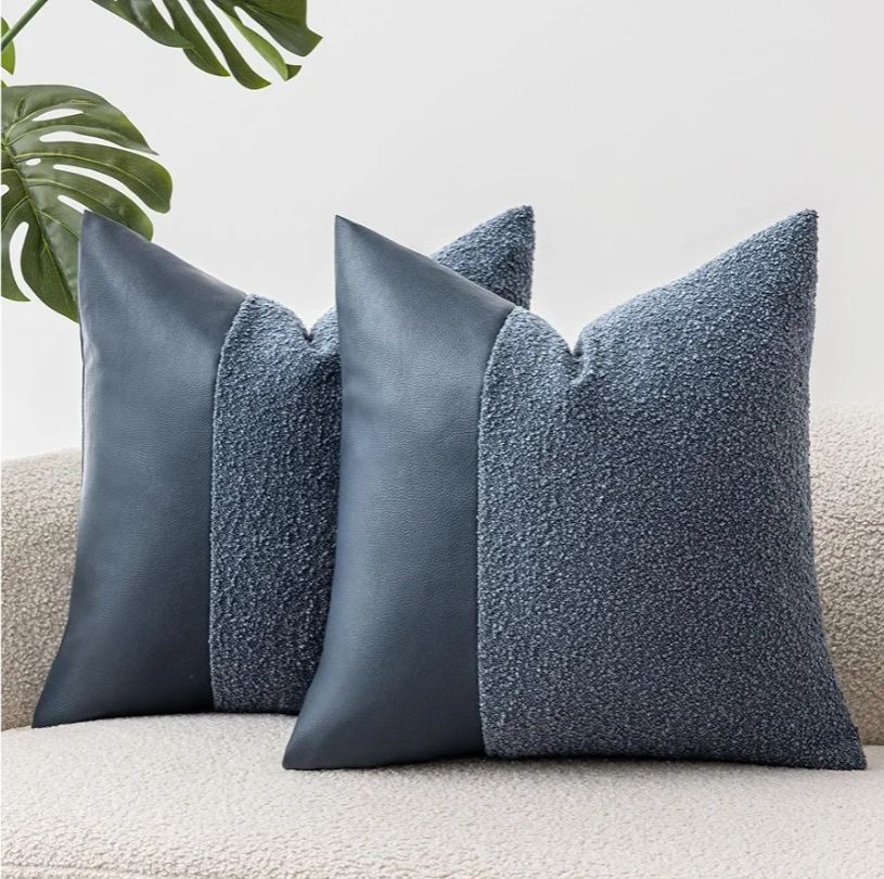 Set of 2 Fluffy Boucle Pillow Covers 18"x18", Demin Blue Textured Throw Pillow Covers with Faux Leather Accents, Boho Decorative Pillow Cases for Couch, Bed, or Farmhouse Home Decor