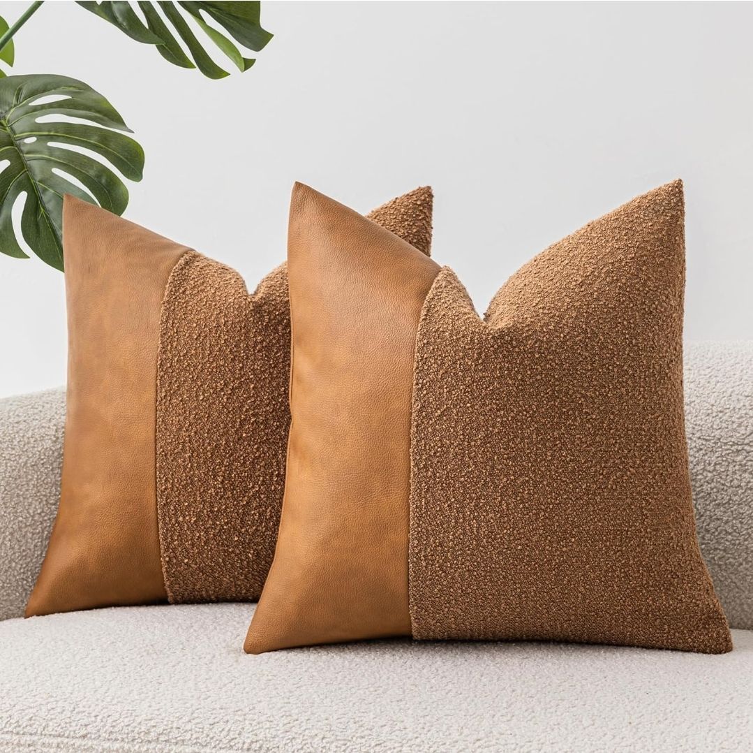 Set of 2 Fluffy Boucle Pillow Covers 18"x18", Demin Blue Textured Throw Pillow Covers with Faux Leather Accents, Boho Decorative Pillow Cases for Couch, Bed, or Farmhouse Home Decor
