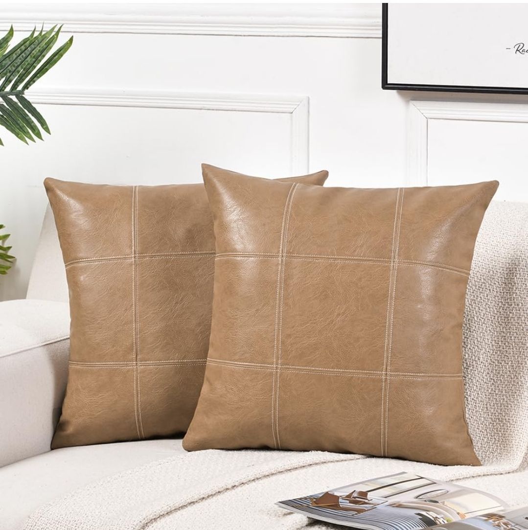 2 Packs Boho Brown Waterproof Faux Leather Decorative Throw Pillow Covers 18x18 Inch for Couch Bed Sofa, Modern Farmhouse Home Decor, Hand Stitched Accent Square Cushion Case 45x45 cm