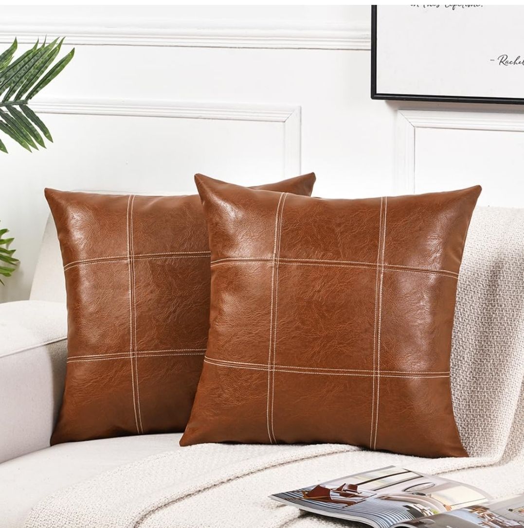 2 Packs Boho Brown Waterproof Faux Leather Decorative Throw Pillow Covers 18x18 Inch for Couch Bed Sofa, Modern Farmhouse Home Decor, Hand Stitched Accent Square Cushion Case 45x45 cm