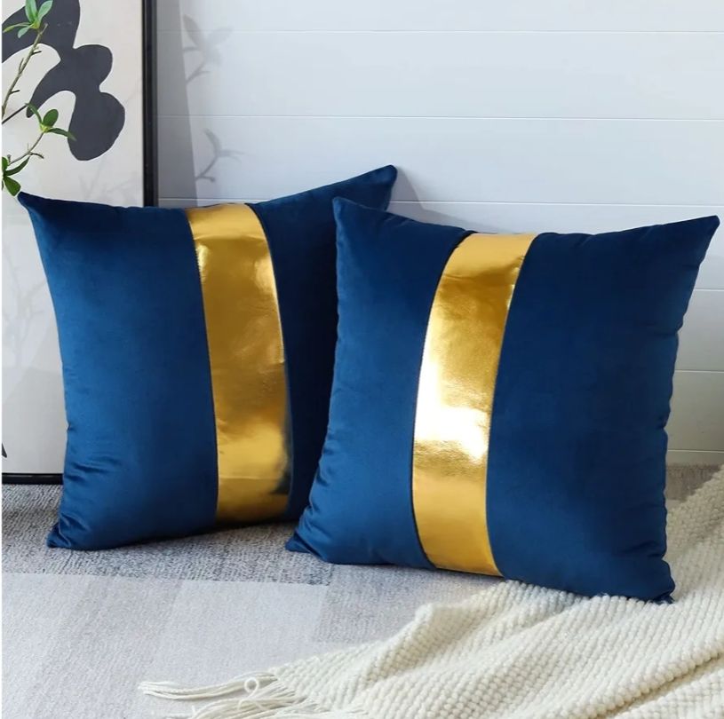 Velvet Throw Pillow Covers with Gold Leather Stitching Luxury Modern Minimalist Square Pillowcase Cushion Covers for Bed Couch Sofa 18x18Inch Set of 2