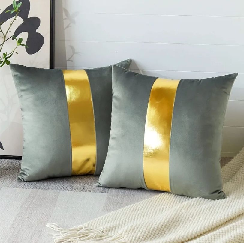 Velvet Throw Pillow Covers with Gold Leather Stitching Luxury Modern Minimalist Square Pillowcase Cushion Covers for Bed Couch Sofa 18x18Inch Set of 2
