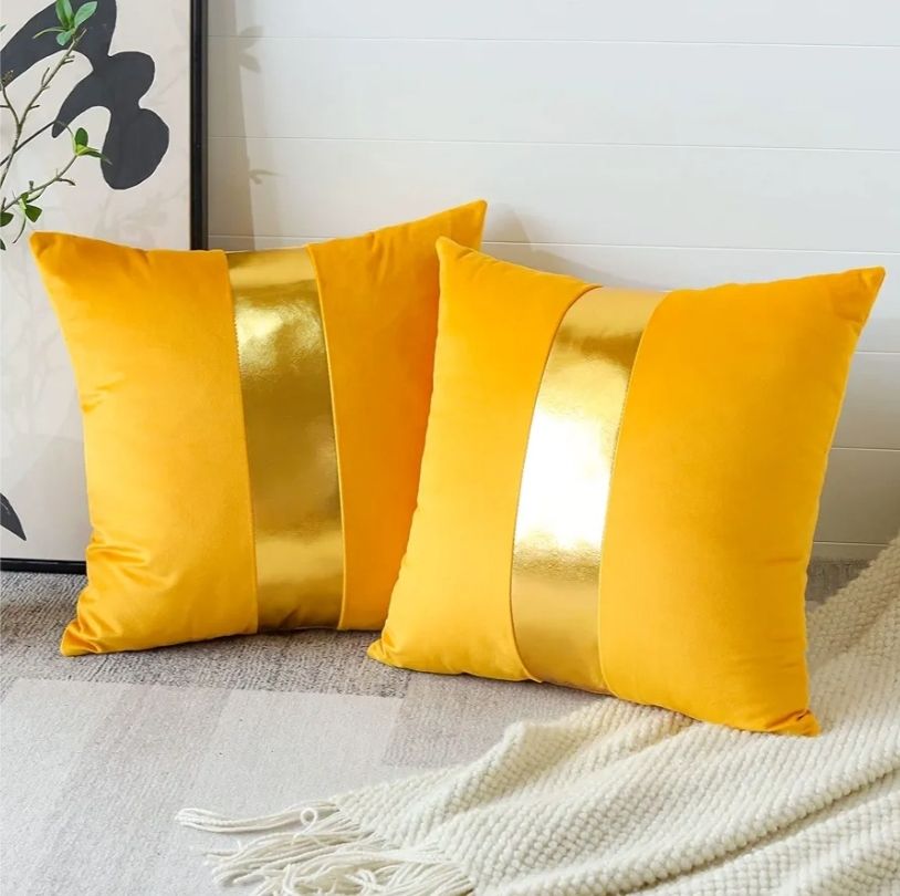 Velvet Throw Pillow Covers with Gold Leather Stitching Luxury Modern Minimalist Square Pillowcase Cushion Covers for Bed Couch Sofa 18x18Inch Set of 2