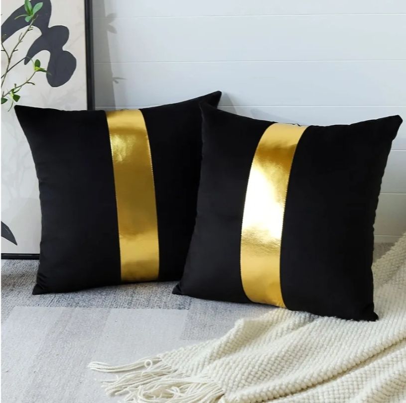 Velvet Throw Pillow Covers with Gold Leather Stitching Luxury Modern Minimalist Square Pillowcase Cushion Covers for Bed Couch Sofa 18x18Inch Set of 2