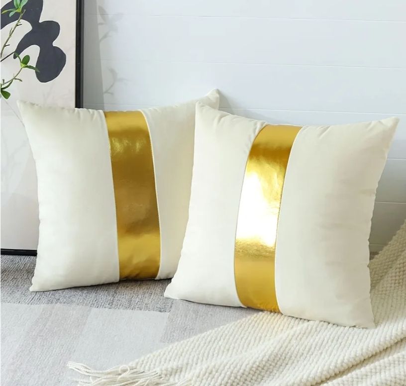 Velvet Throw Pillow Covers with Gold Leather Stitching Luxury Modern Minimalist Square Pillowcase Cushion Covers for Bed Couch Sofa 18x18Inch Set of 2
