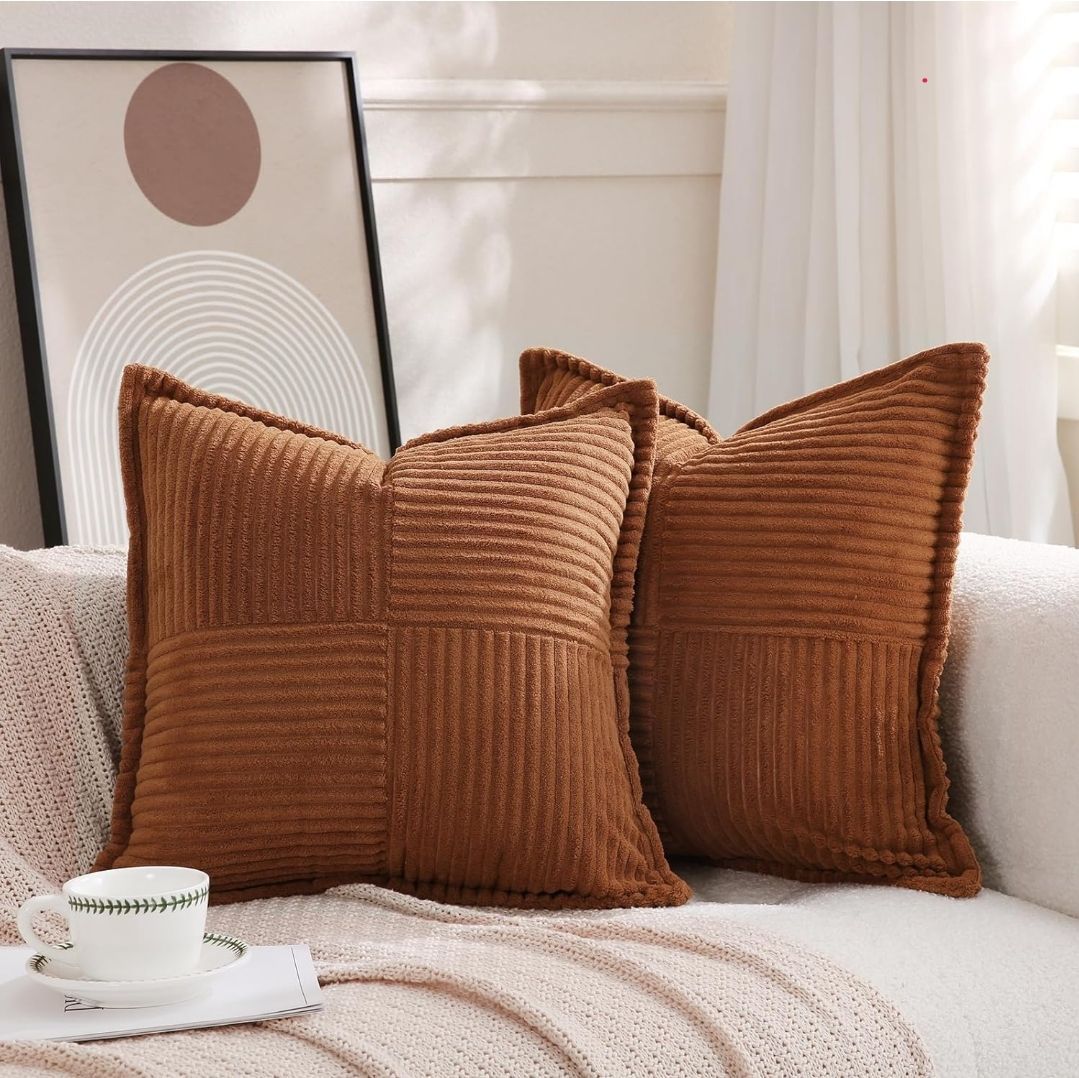 Corduroy Yellow Throw Pillow Covers 18×18 Inches Set of 2 Boho Decorative,Super Soft Cozy Striped Cushion Covers for Couch,Sofa,Farmhouse,Living Room,45×45CM