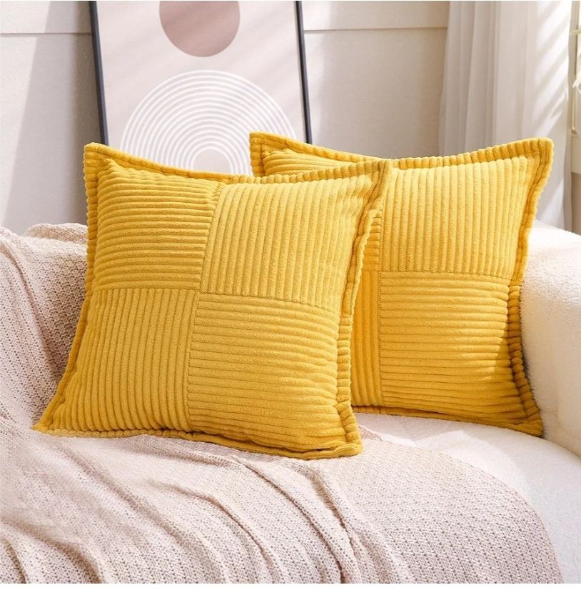 Corduroy Yellow Throw Pillow Covers 18×18 Inches Set of 2 Boho Decorative,Super Soft Cozy Striped Cushion Covers for Couch,Sofa,Farmhouse,Living Room,45×45CM