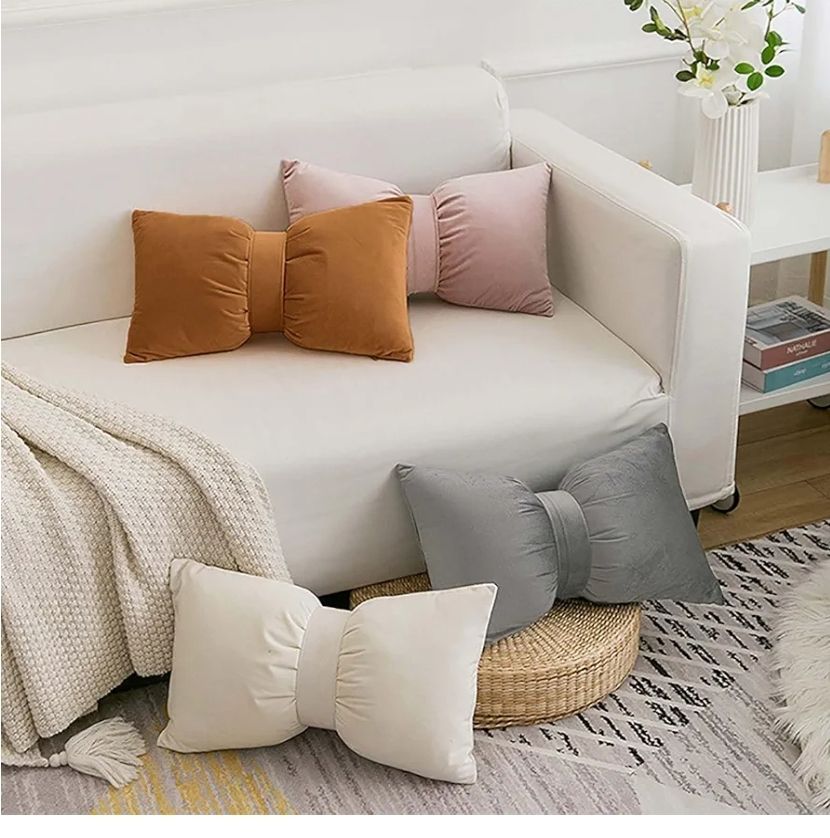 Bow Pillow Throw Velvet Bow Shaped Removable Cover Soft Lumbar Pillow Decorative Throw for Living Room Couch Bed Sofa Car Decoration