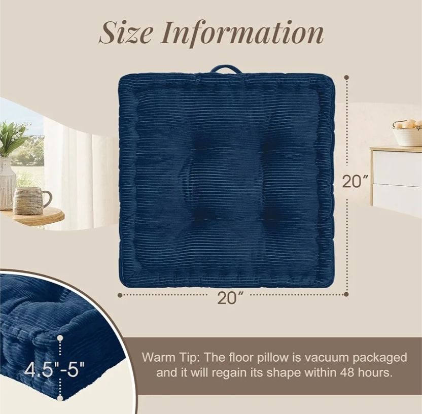 Square Floor Pillows for Adults Kids - Meditation Floor Pillow Seating Cushion - Tufted Floor Cushion with Shredded Foam & Velvet Cover, 1 Pack, 20x20 Inch